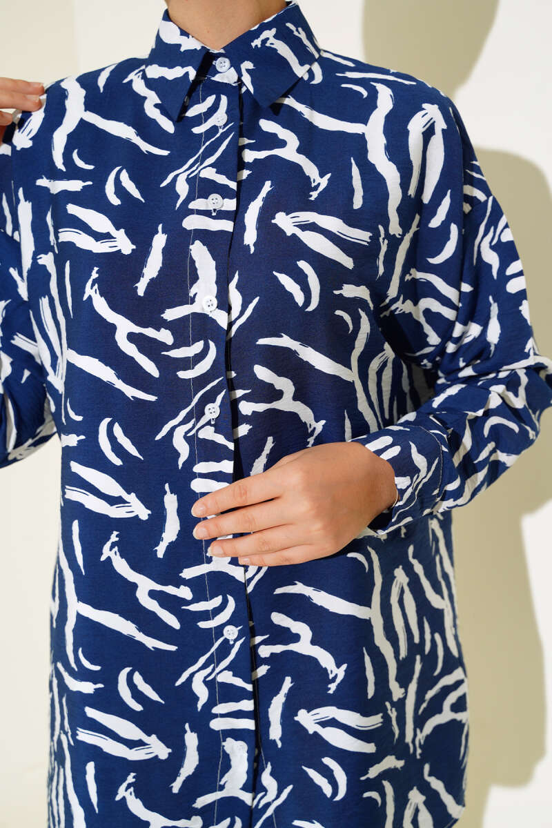 Zebra Desen Oversize Gömlek Lacivert AY7544