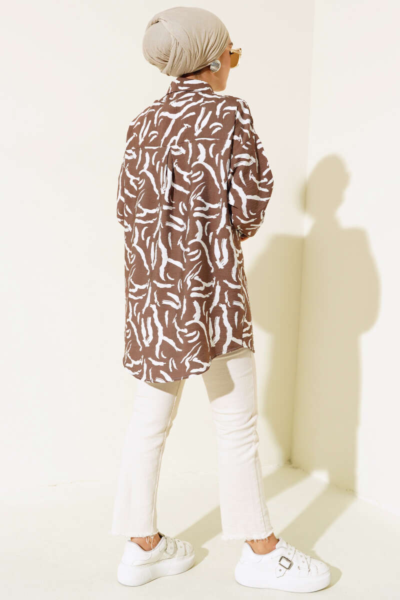 Zebra Desen Oversize Gömlek Kahve AY7544