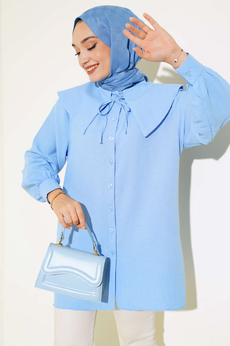 Bebe Yaka İp Bağcıklı Gömlek Mavi AY9506