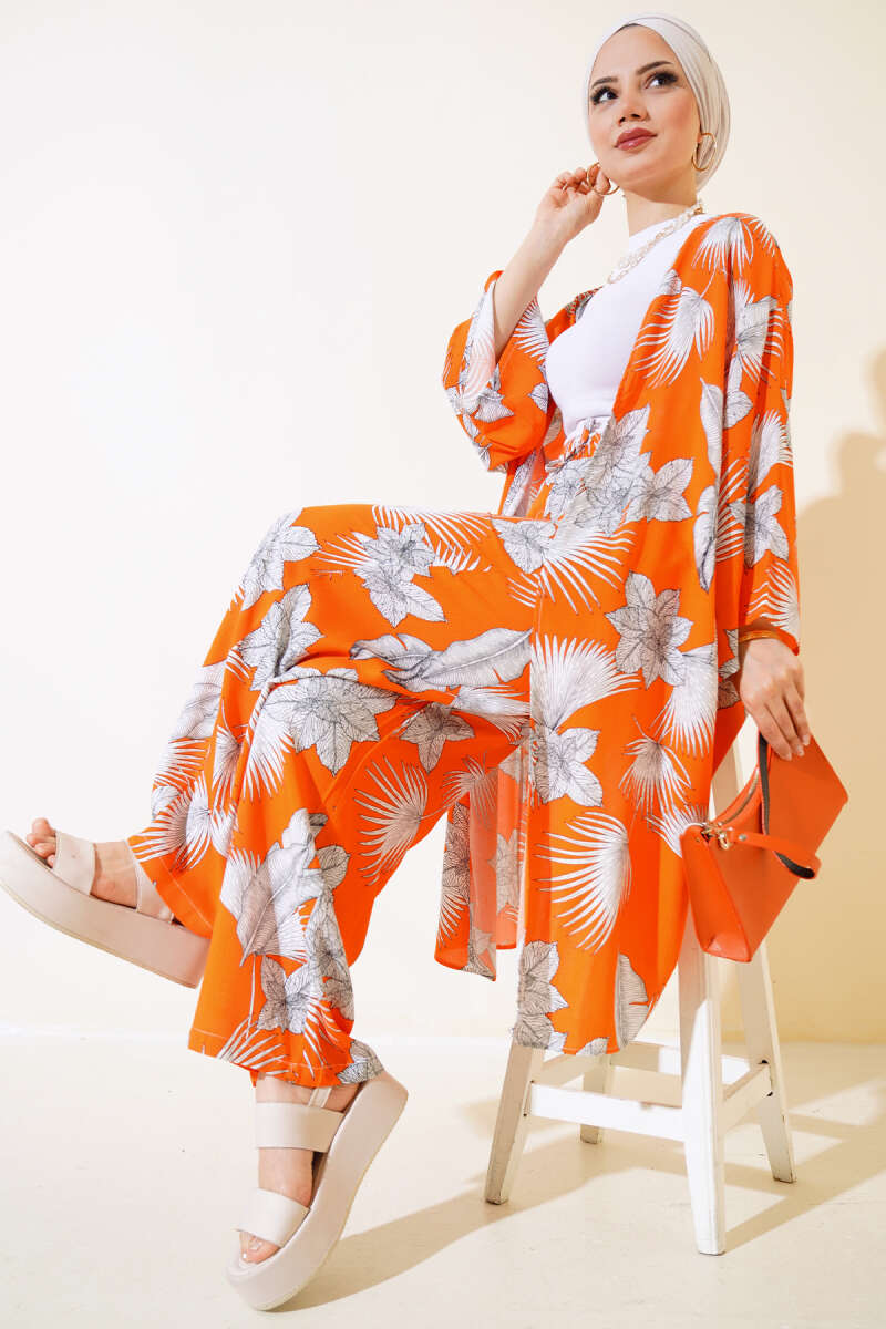 Desenli Salaş Kimono İkili Takım Oranj AY7698
