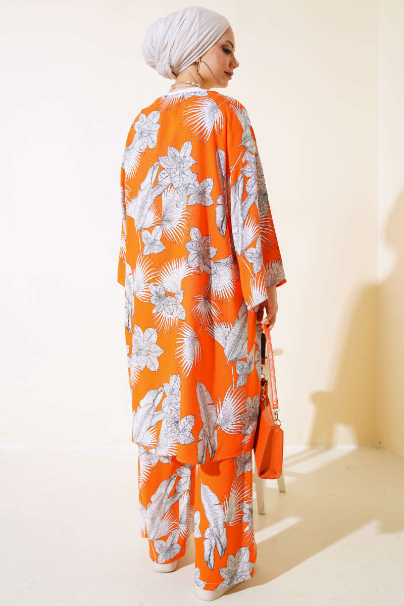 Desenli Salaş Kimono İkili Takım Oranj AY7698