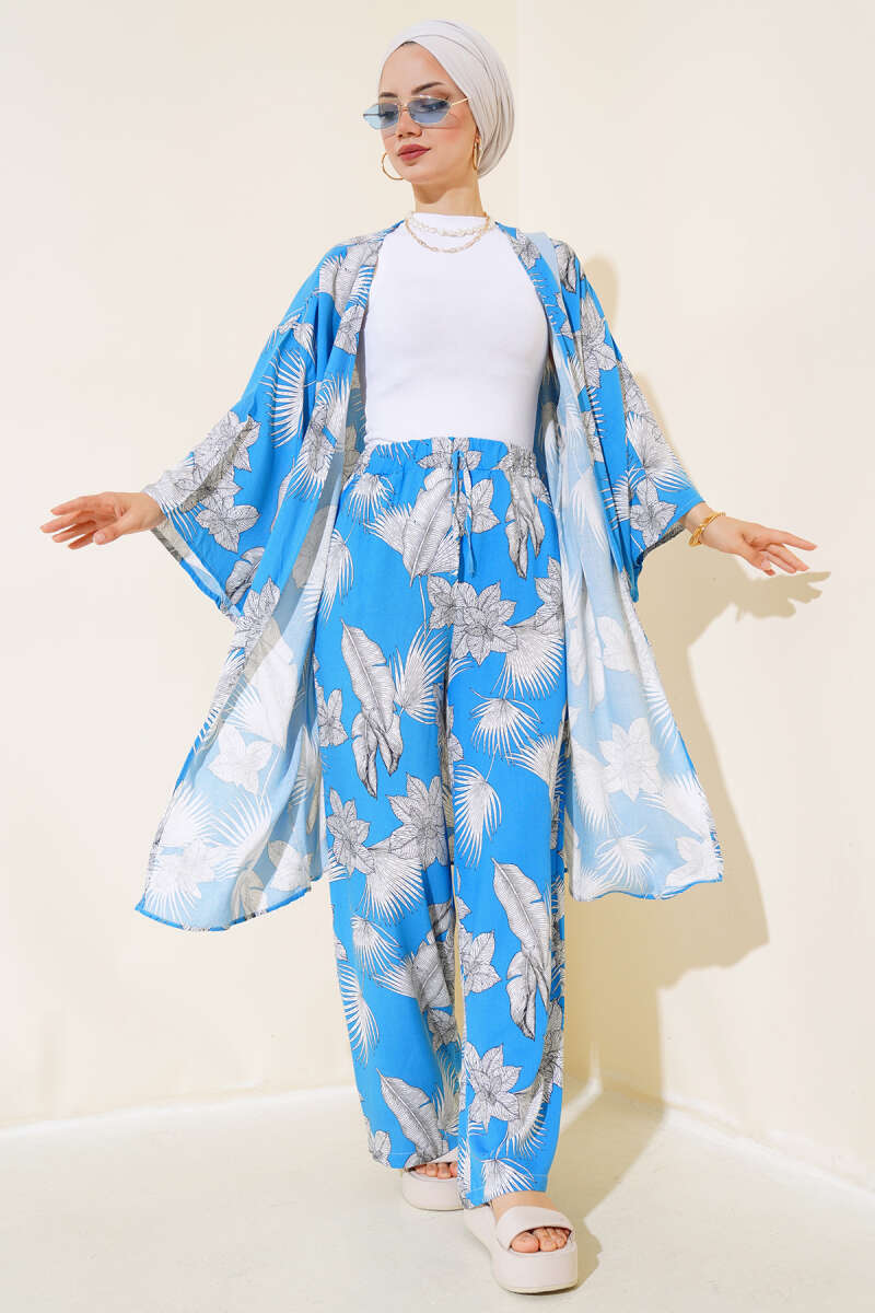 Desenli Salaş Kimono İkili Takım Mavi AY7698