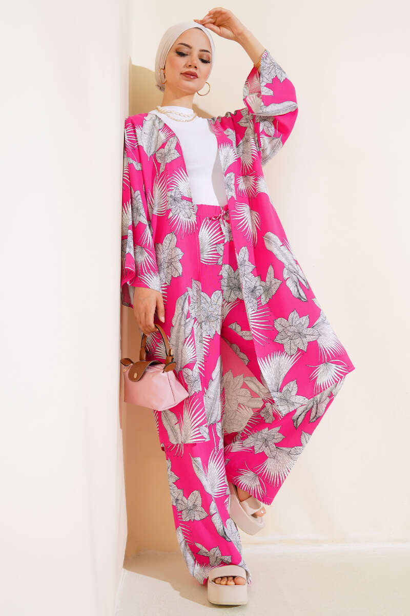 Desenli Salaş Kimono İkili Takım Fuşya AY7698