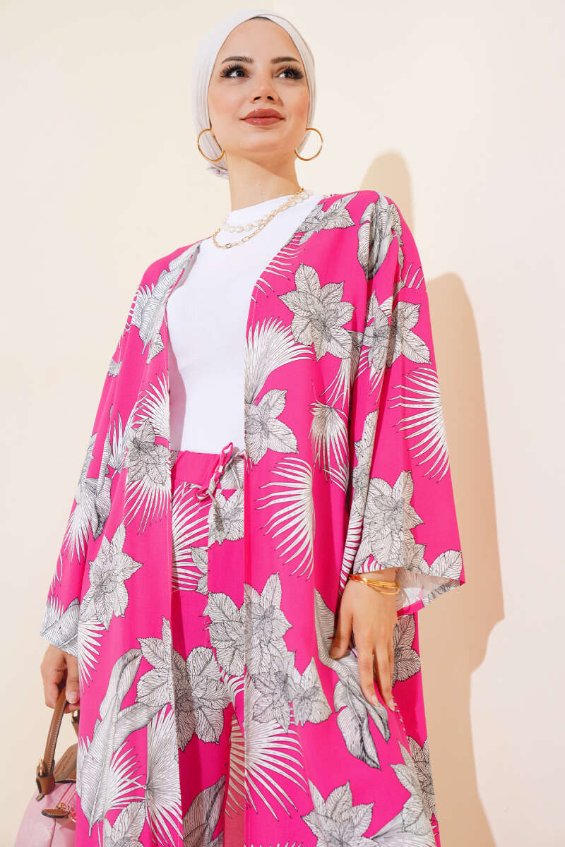 Desenli Salaş Kimono İkili Takım Fuşya AY7698