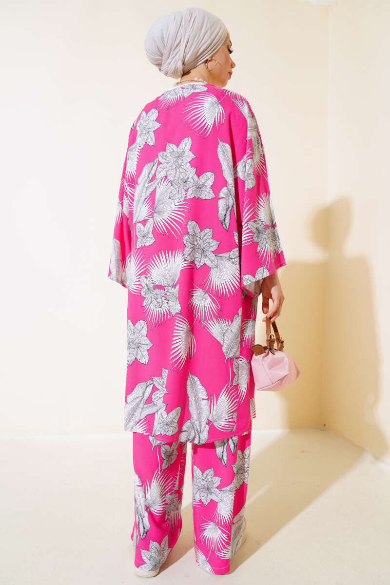 Desenli Salaş Kimono İkili Takım Fuşya AY7698