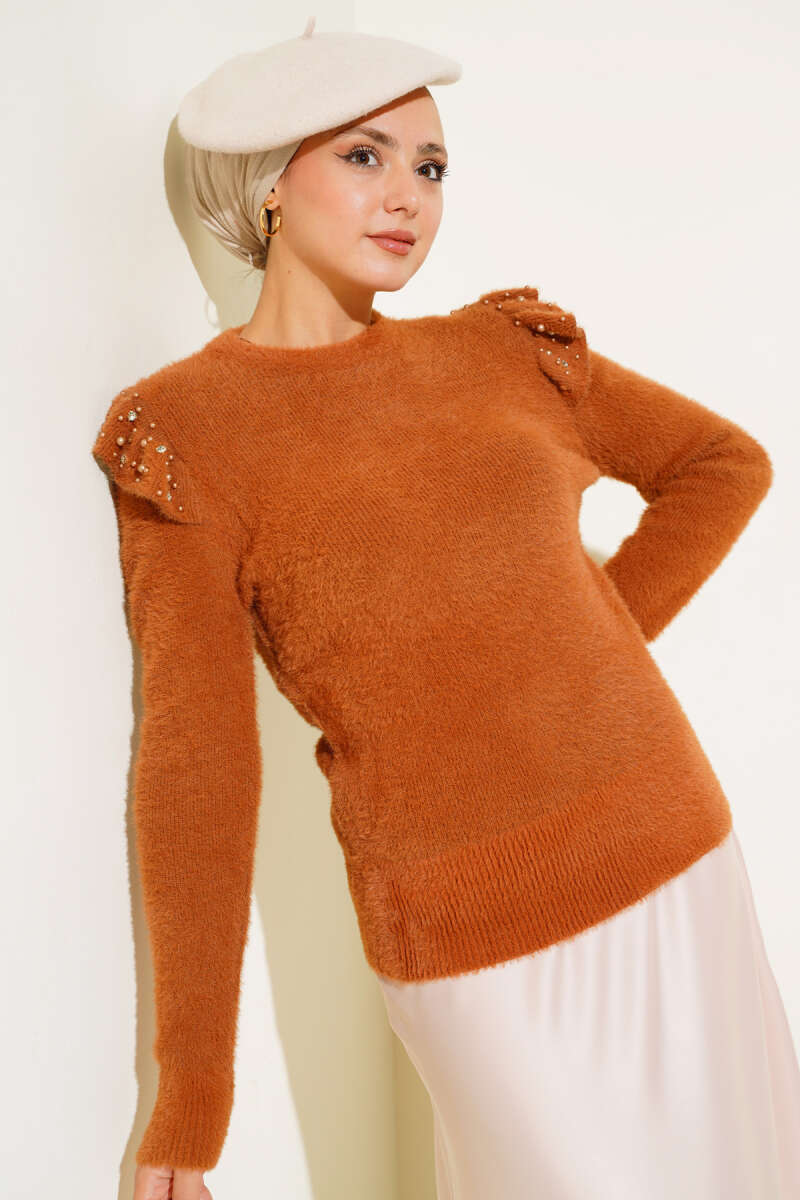 Omuz Fırfırlı Taşlı Triko Kazak Camel AY9701
