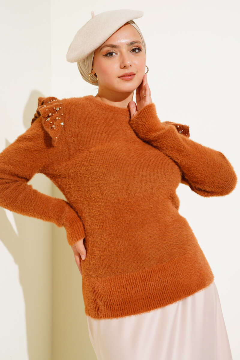 Omuz Fırfırlı Taşlı Triko Kazak Camel AY9701