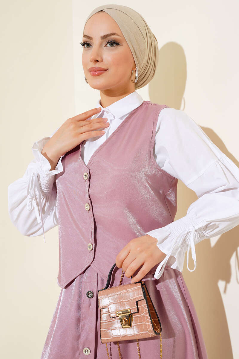 Yelekli Parlak İkili Takım Pudra AY7796