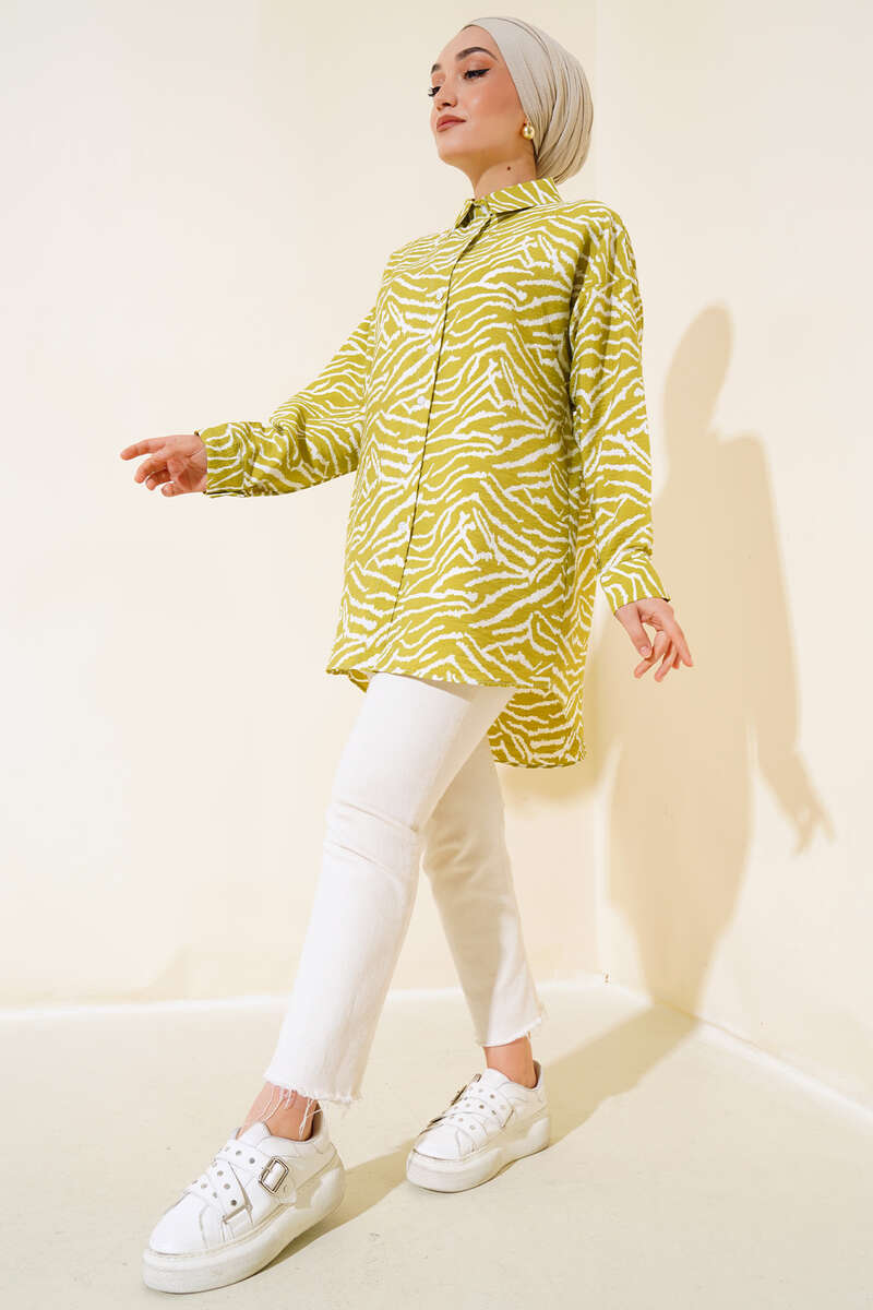 Zebra Desen Oversize Gömlek Yağ Yeşili AY7544