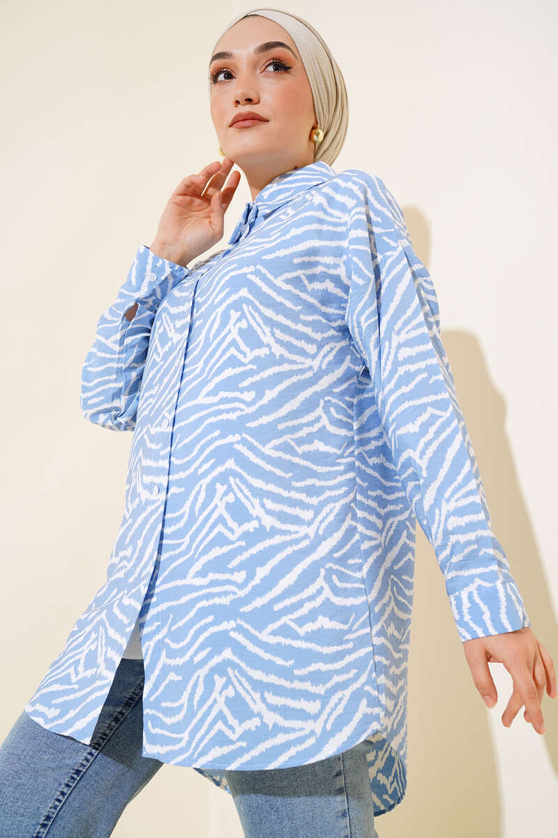 Zebra Desen Oversize Gömlek Mavi AY7544