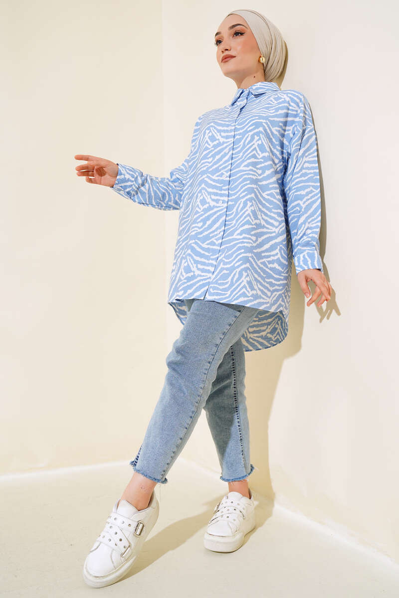 Zebra Desen Oversize Gömlek Mavi AY7544