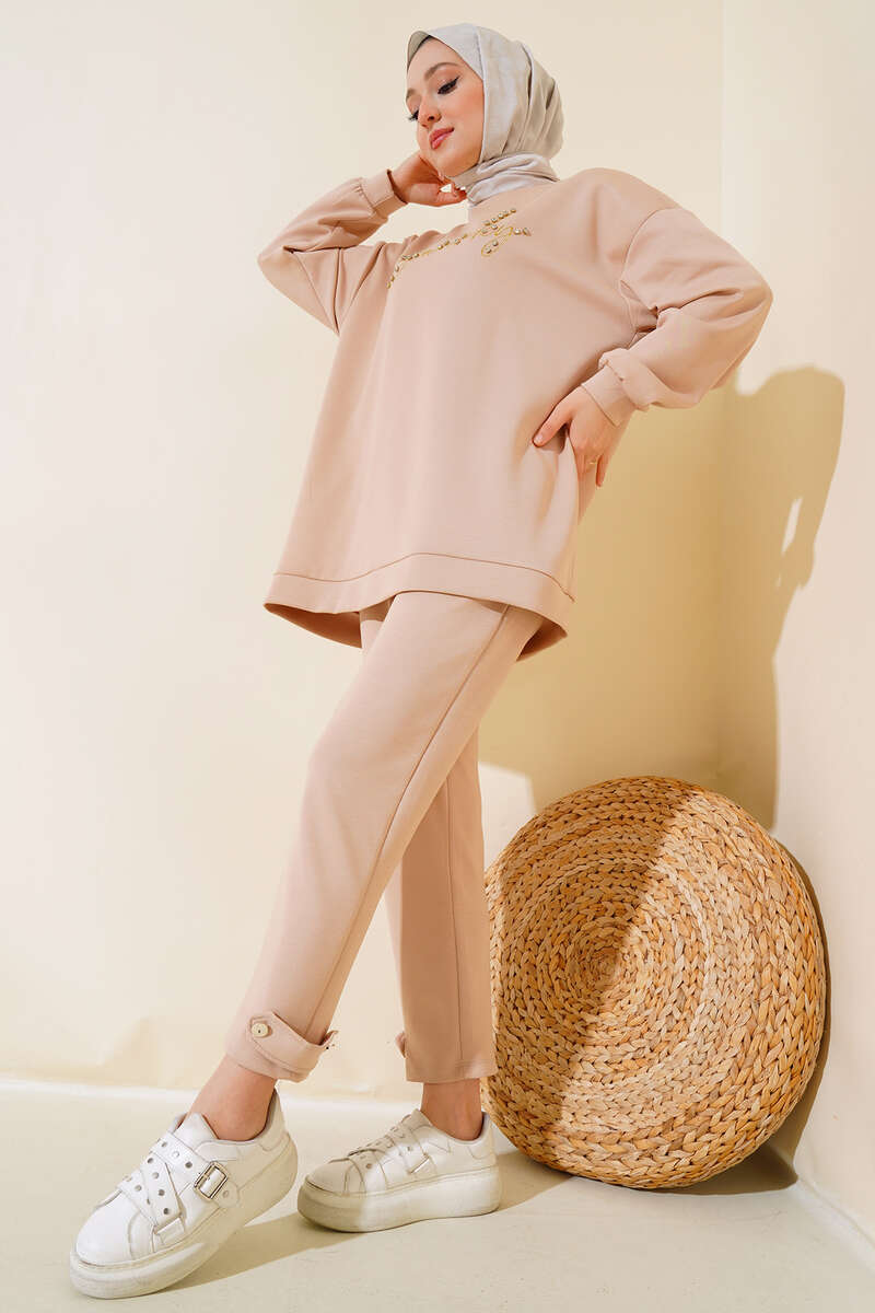 Swanky Baskılı Taşlı İkili Takım Latte AY10055