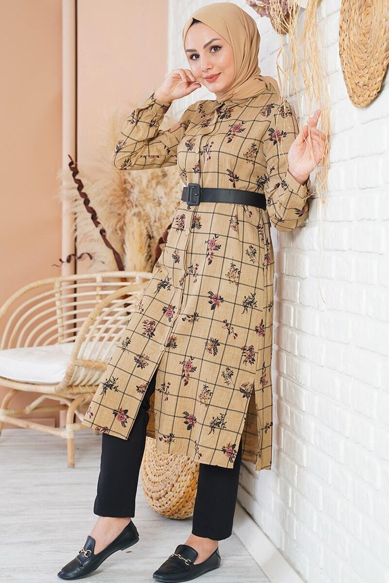 Çiçek Desenli Kemerli Taba Tunik  AY10087