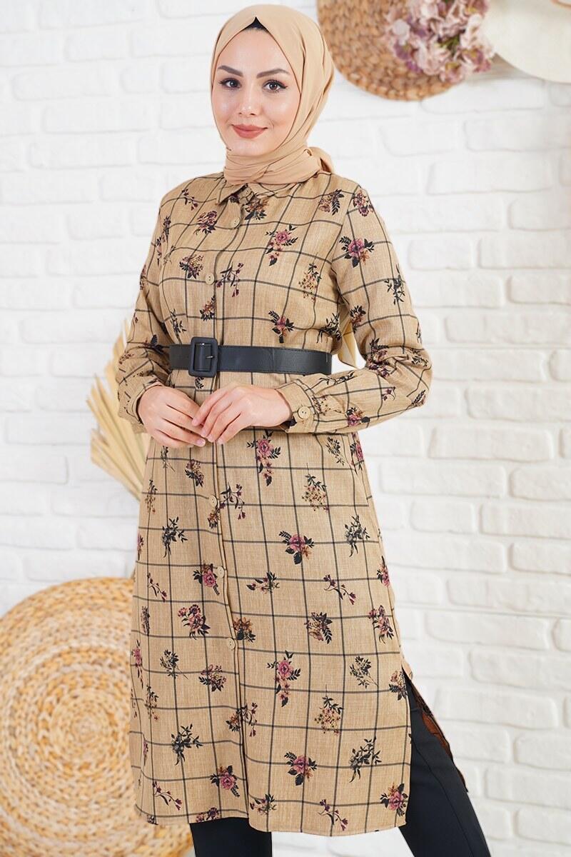 Çiçek Desenli Kemerli Taba Tunik  AY10087