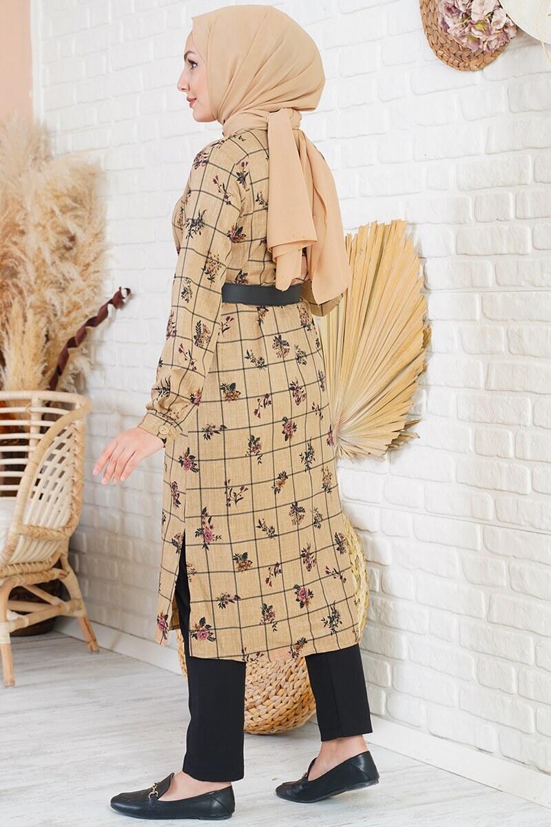 Çiçek Desenli Kemerli Taba Tunik  AY10087