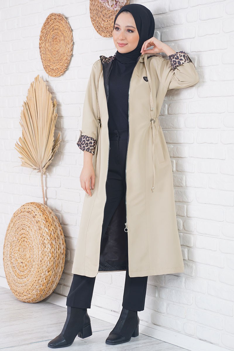 Leopar Detaylı Bej Trençkot AY10107