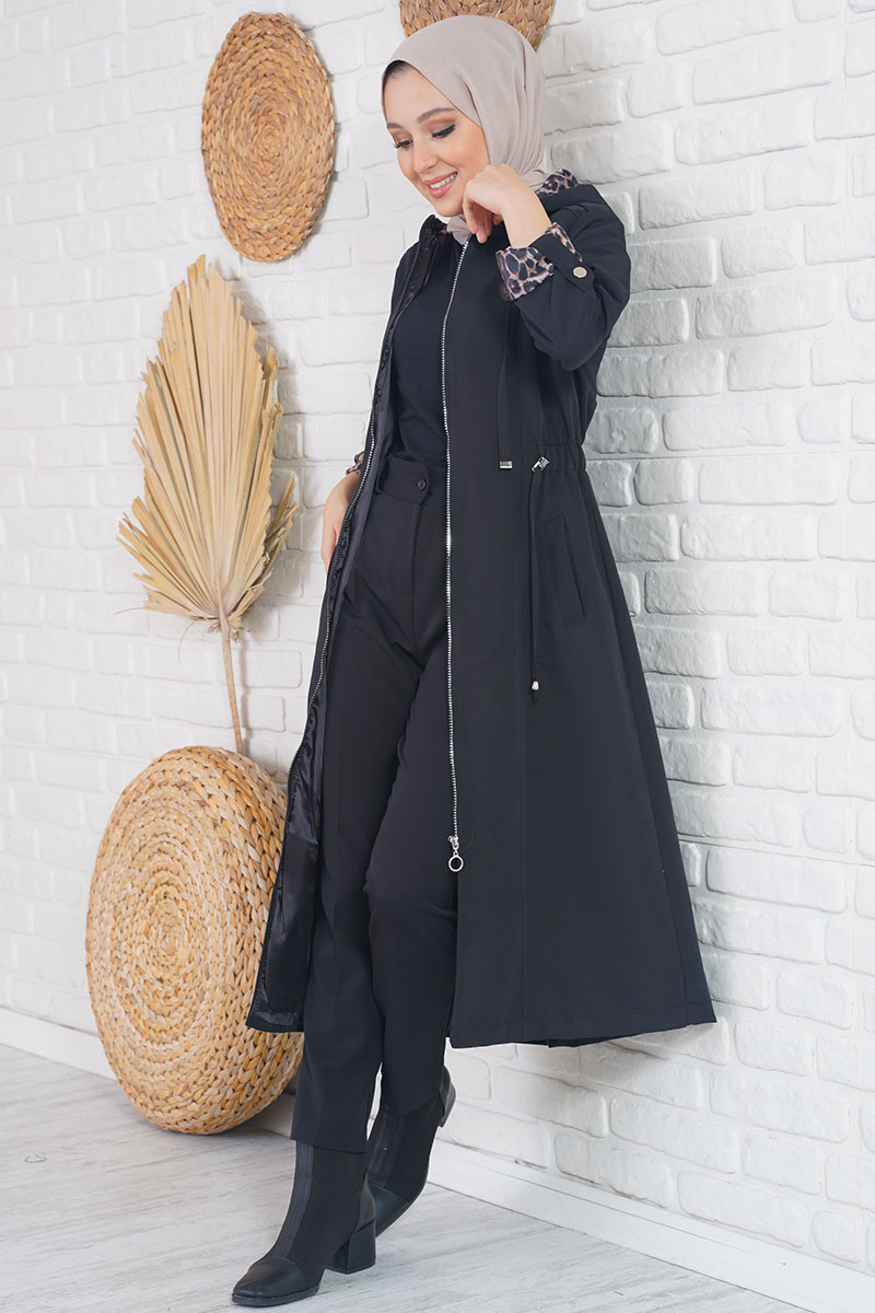 Leopar Detaylı Siyah Trençkot AY10107