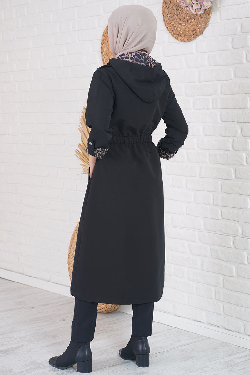 Leopar Detaylı Siyah Trençkot AY10107