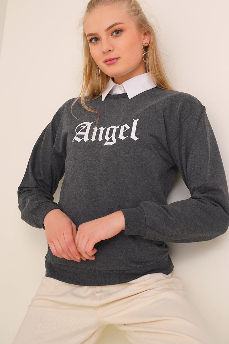 Angel Baskılı Antrasit Sweatshirt AY10115