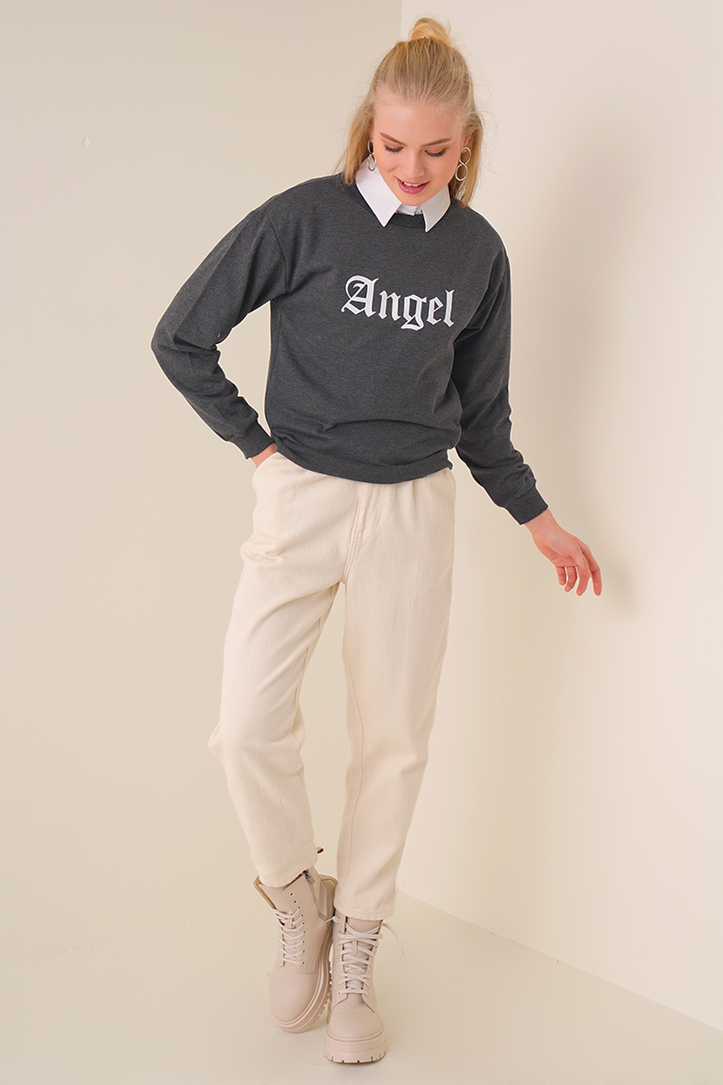 Angel Baskılı Antrasit Sweatshirt AY10115