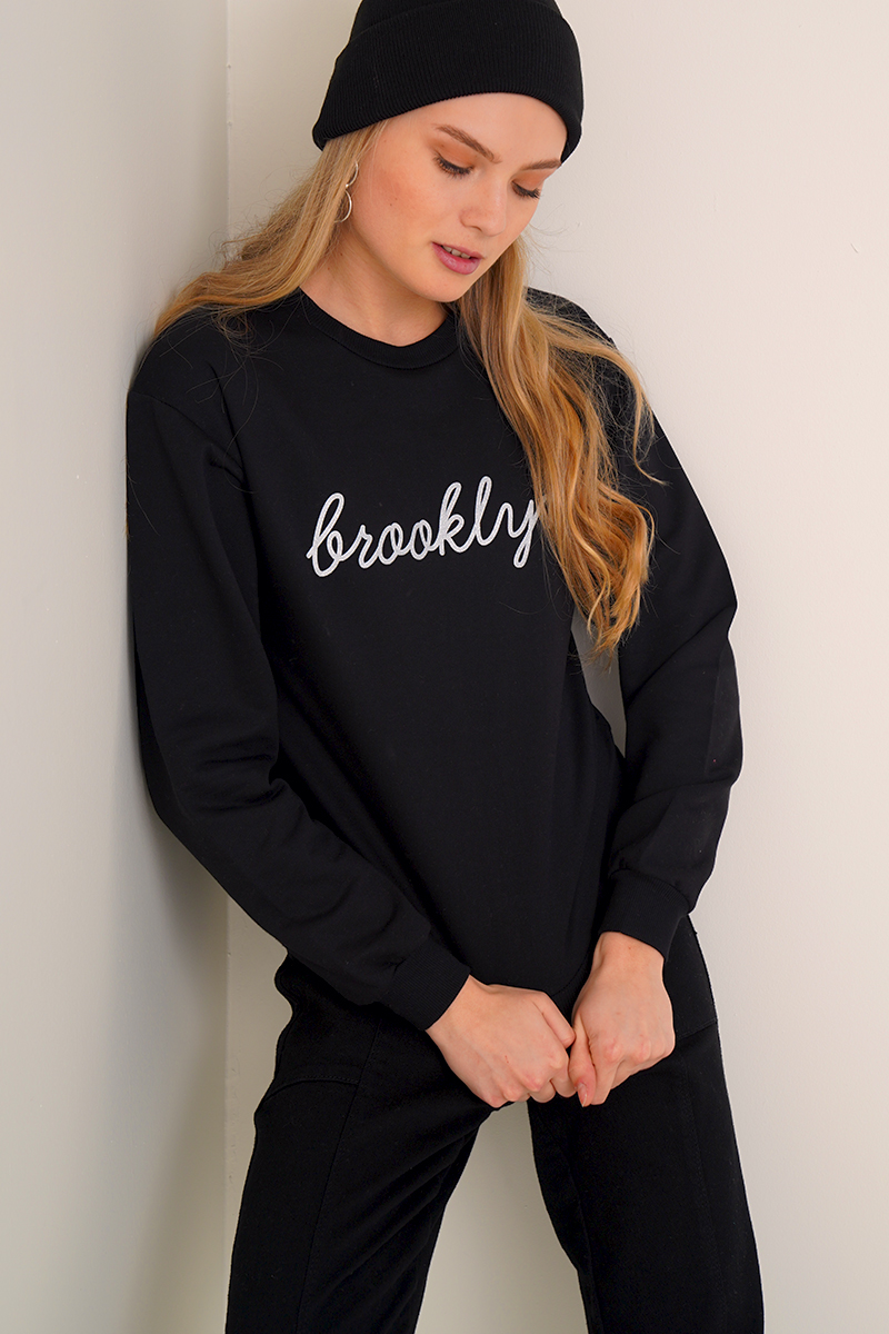 Brooklyn Baskılı Siyah Sweatshirt AY10117