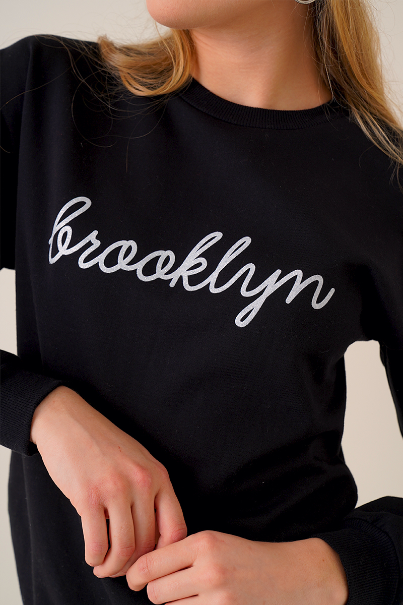 Brooklyn Baskılı Siyah Sweatshirt AY10117