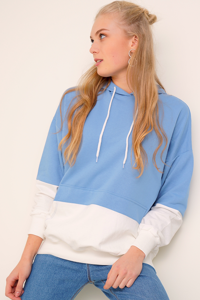 Çift Renkli Kapüşonlu Mavi Sweatshirt AY10119