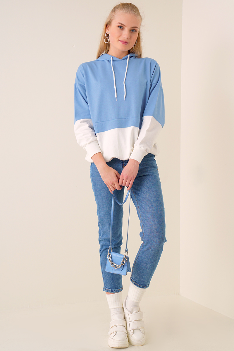 Çift Renkli Kapüşonlu Mavi Sweatshirt AY10119
