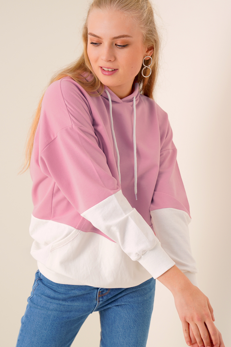 Çift Renkli Kapüşonlu Pudra Sweatshirt AY10119