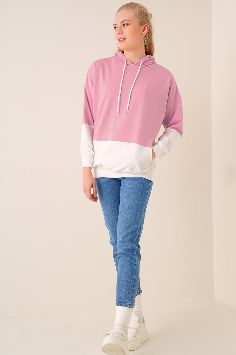 Çift Renkli Kapüşonlu Pudra Sweatshirt AY10119