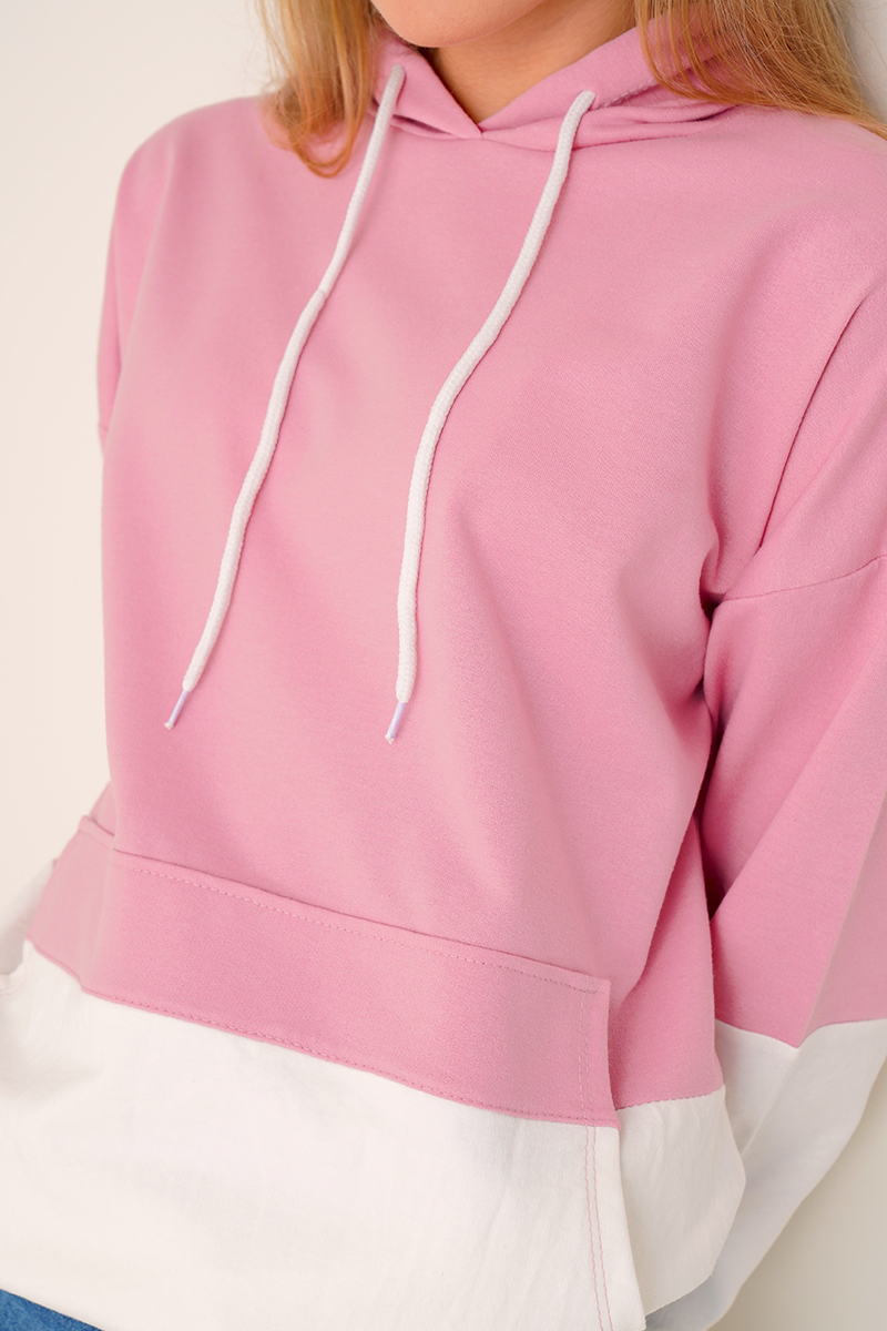 Çift Renkli Kapüşonlu Pudra Sweatshirt AY10119