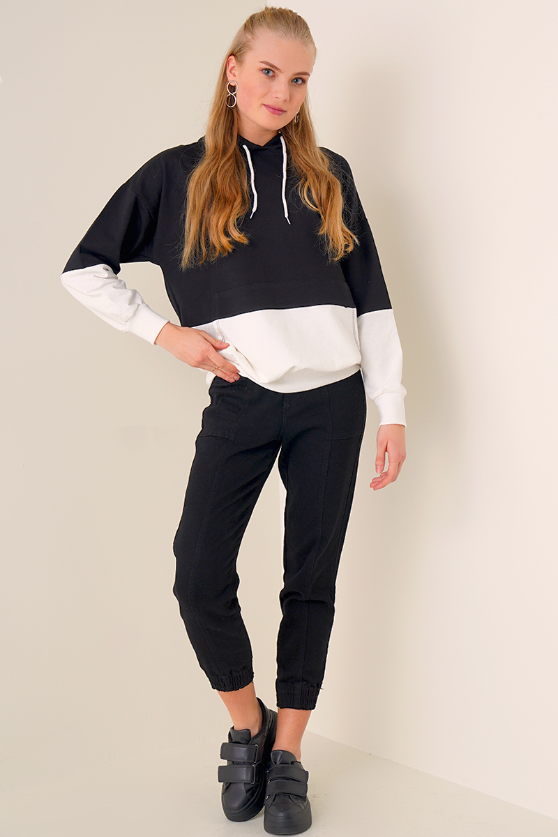 Çift Renkli Kapüşonlu Siyah Sweatshirt AY10119
