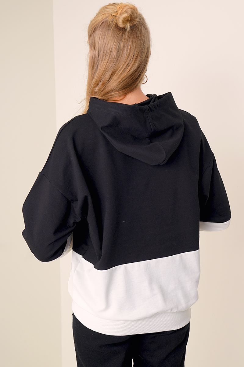 Çift Renkli Kapüşonlu Siyah Sweatshirt AY10119