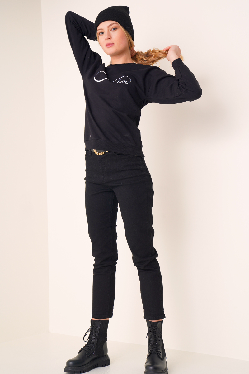 Love Baskılı Siyah Sweatshirt AY10121