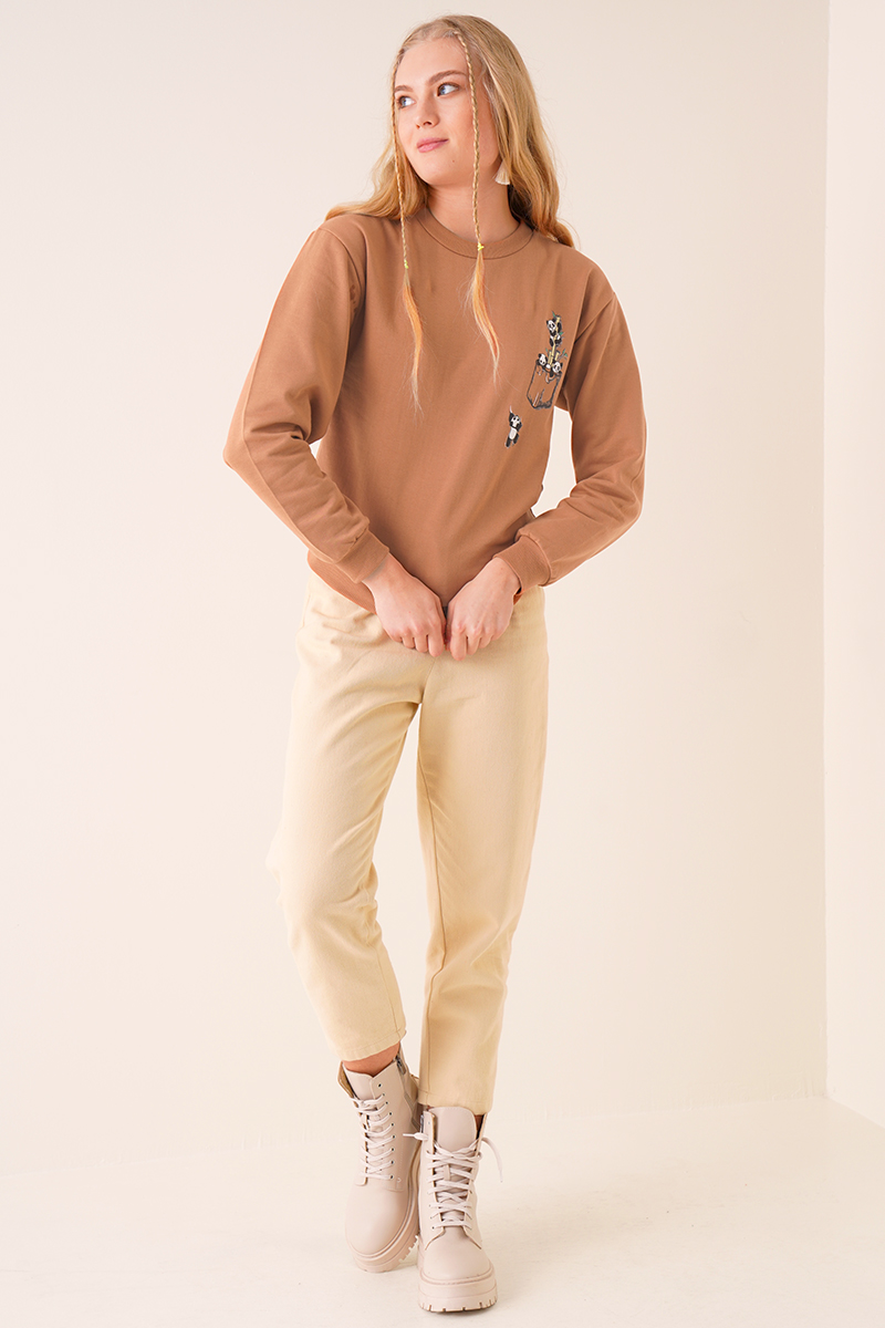 Mini Panda Baskılı Taba Sweatshirt AY10127