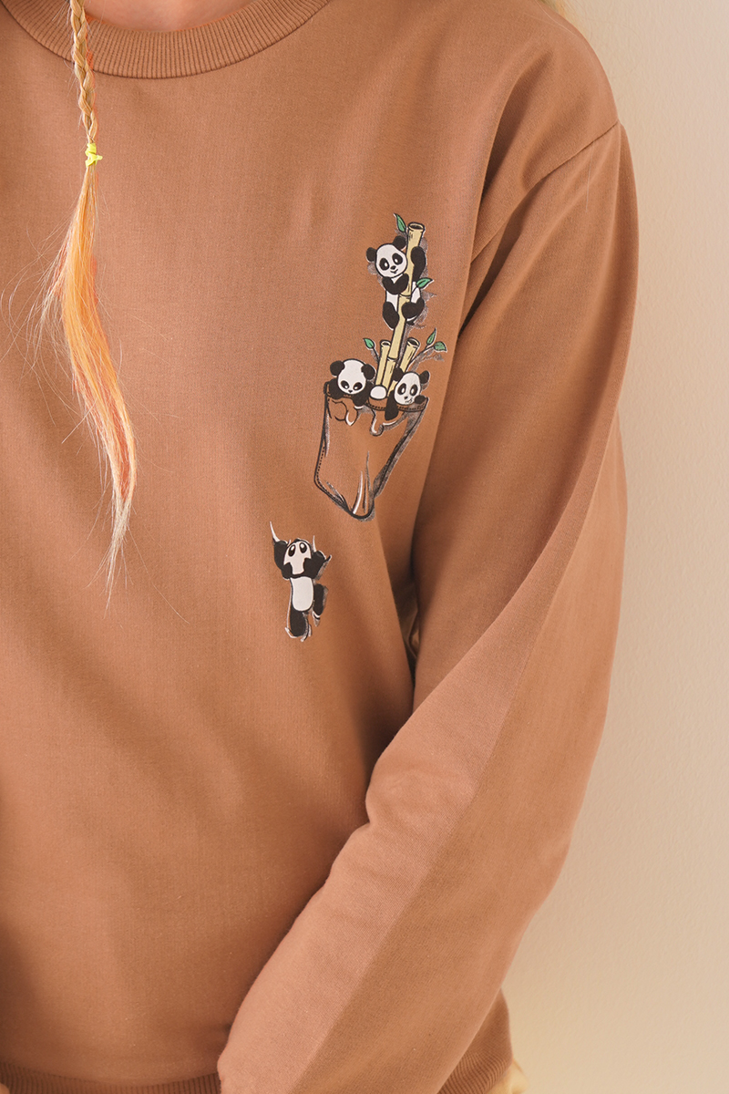 Mini Panda Baskılı Taba Sweatshirt AY10127