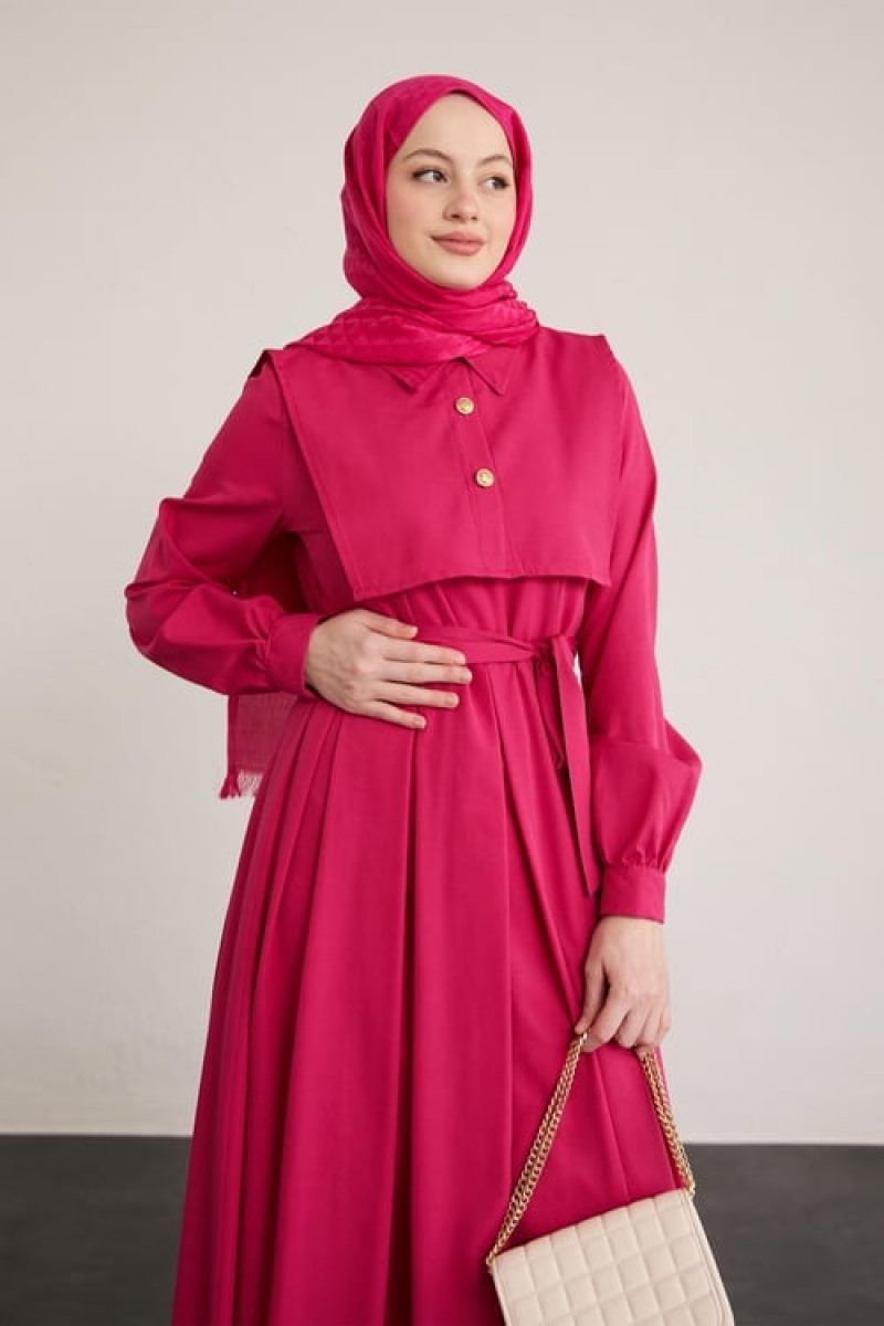 Yaka Detaylı Pembe Elbise  AY336