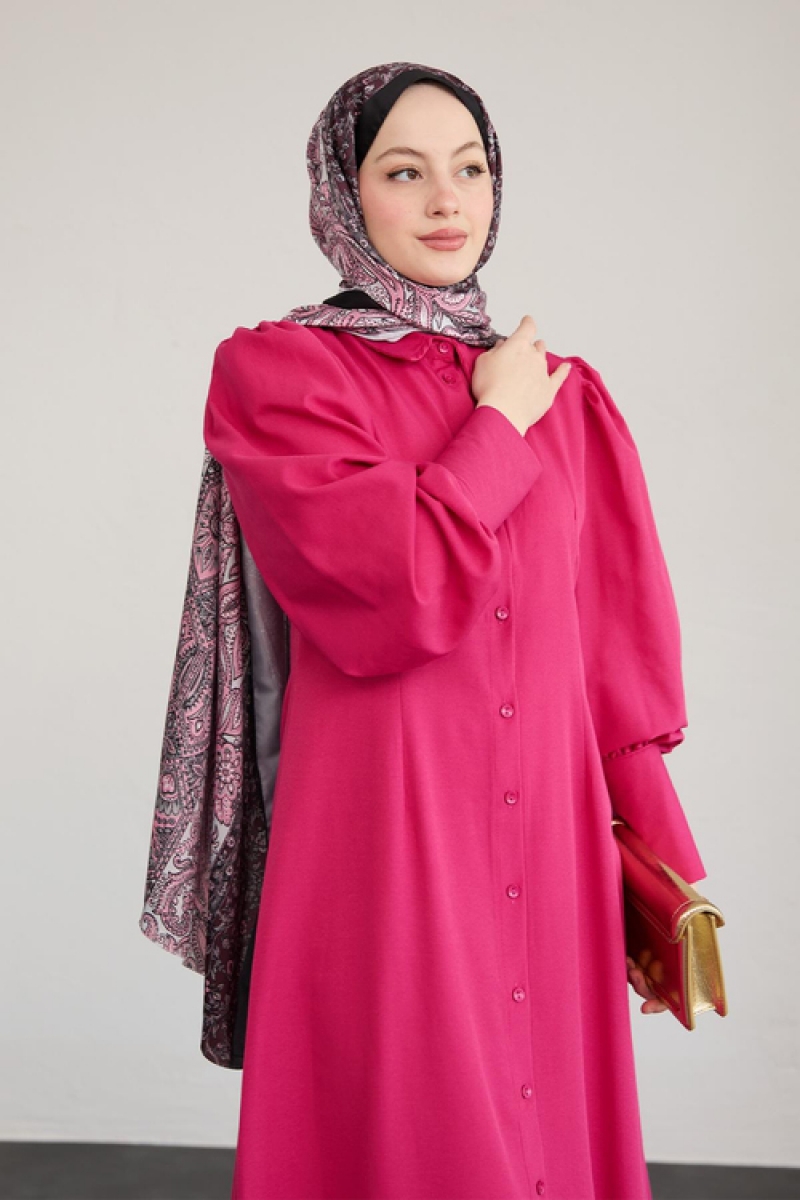 Boydan Düğmeli Pembe Elbise AY333