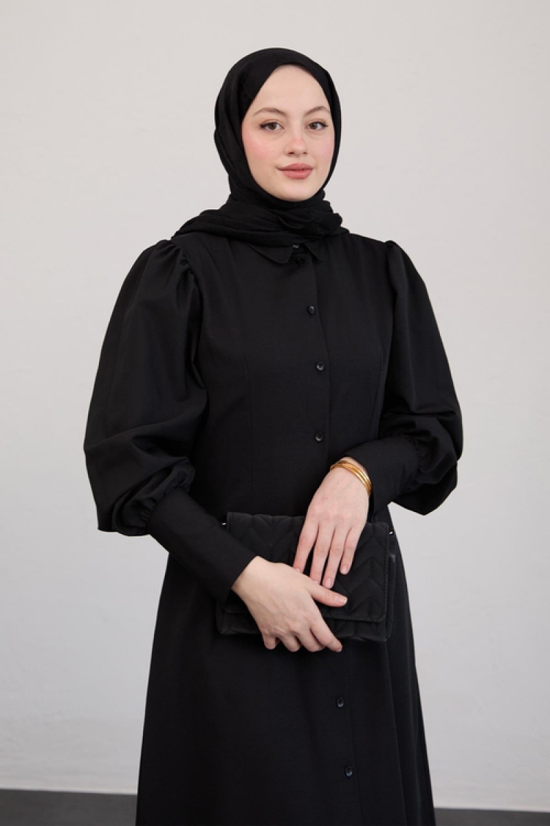 Boydan Düğmeli Siyah Elbise  AY333