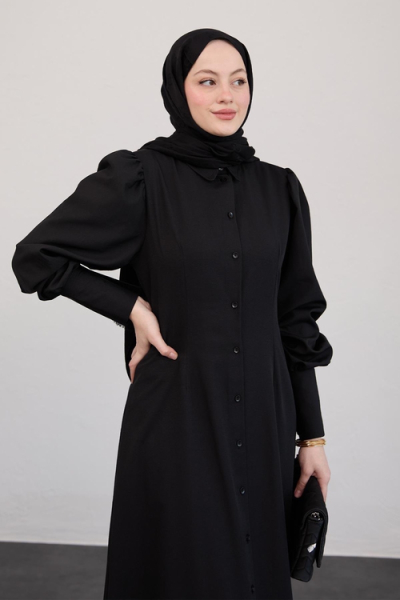 Boydan Düğmeli Siyah Elbise  AY333
