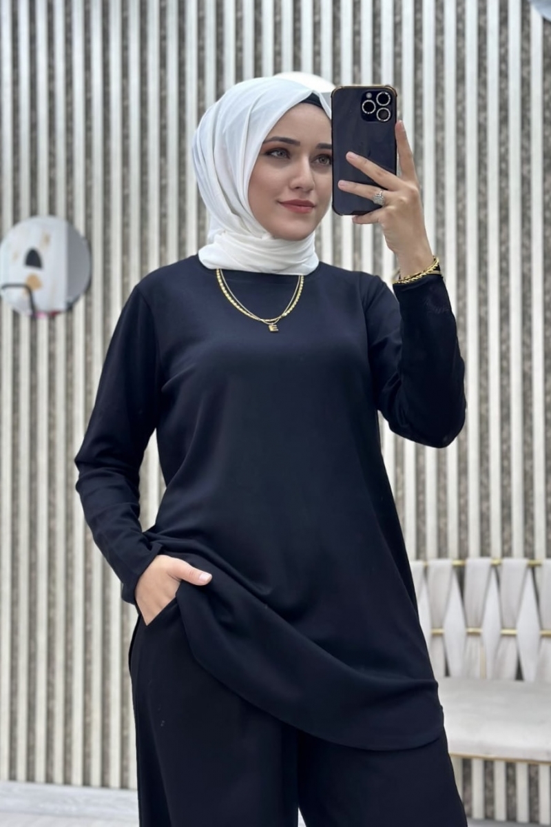 Şalvarlı İkili Siyah Takım  AY193