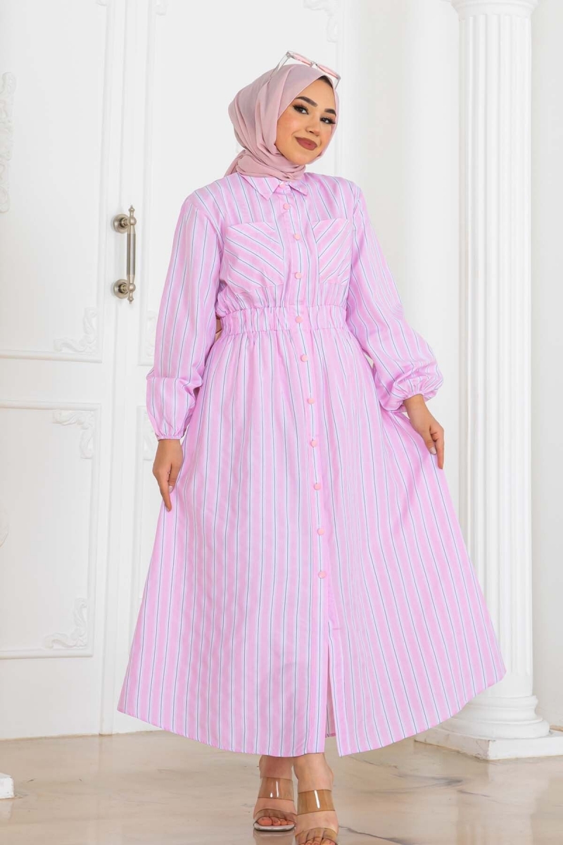 Çizgili Gömlek Elbise Pembe AY10245