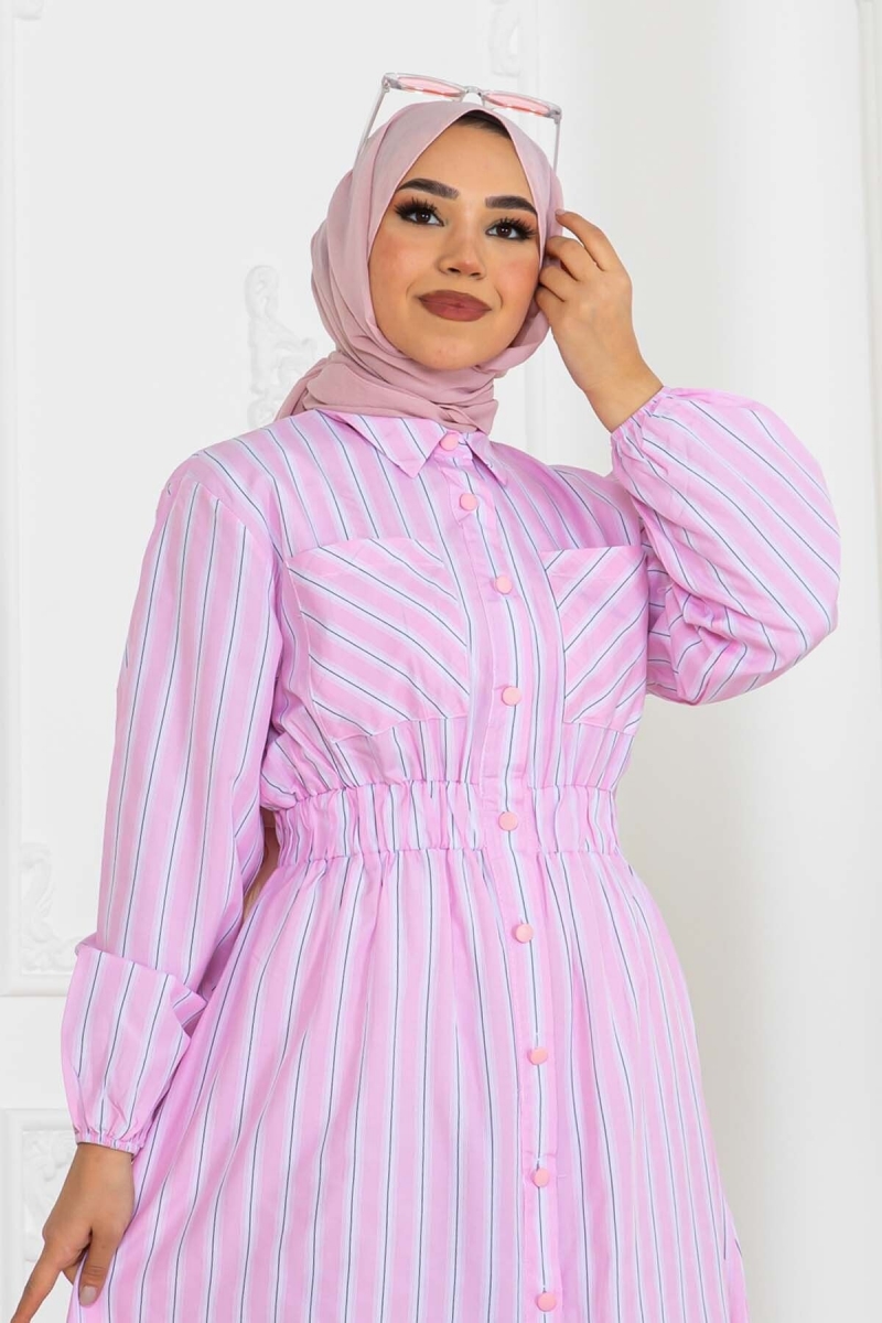 Çizgili Gömlek Elbise Pembe AY10245