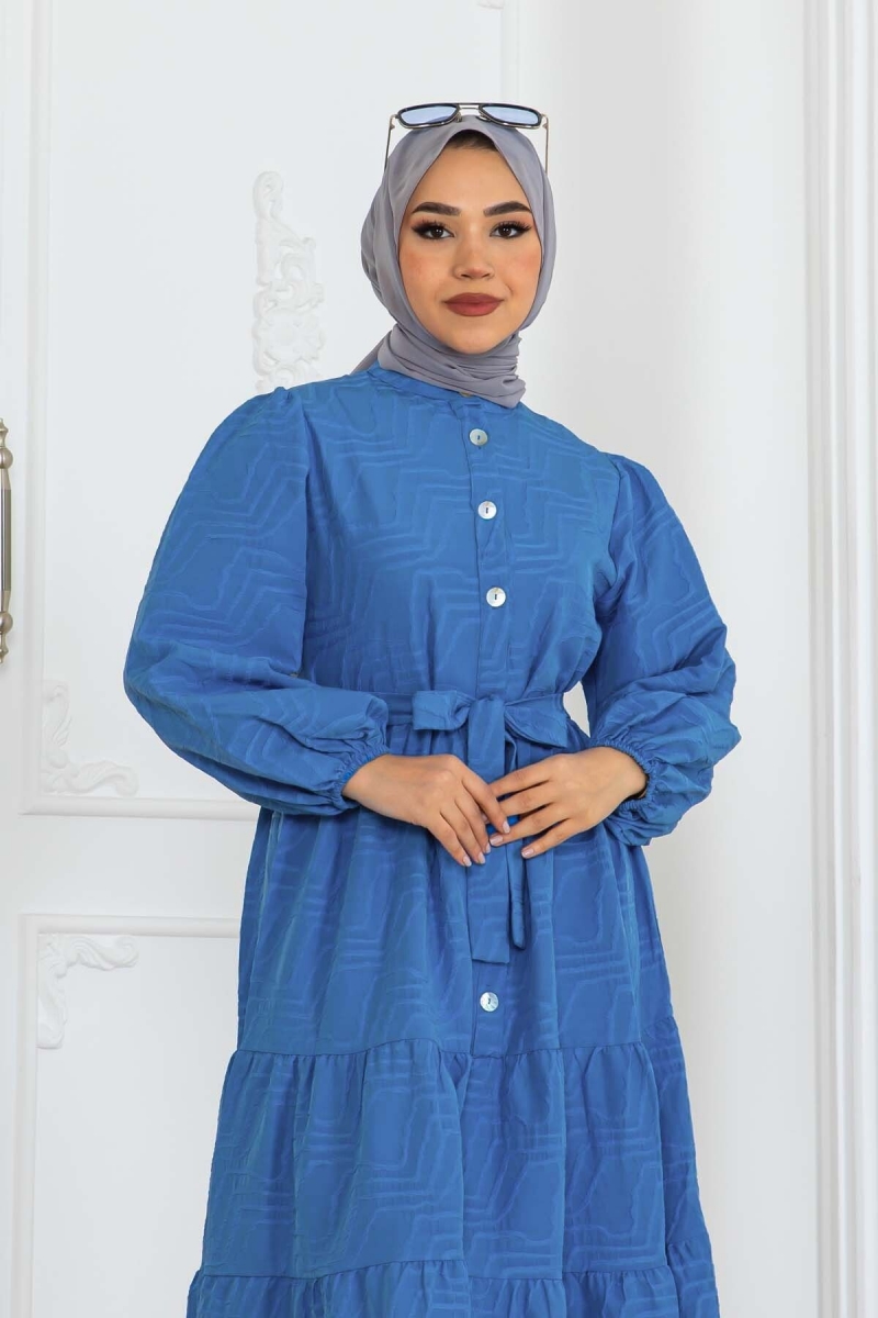 Kabartma Desenli Elbise Mavi AY10309