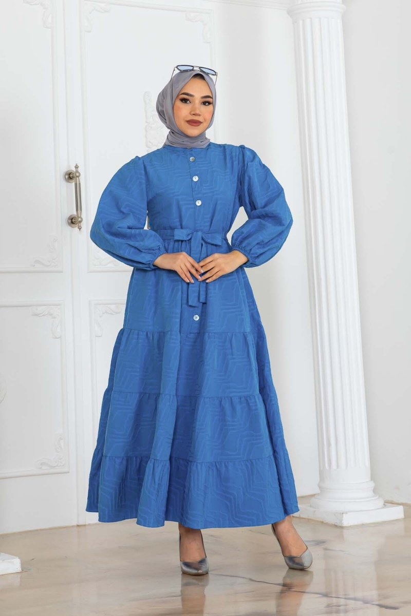 Kabartma Desenli Elbise Mavi AY10309