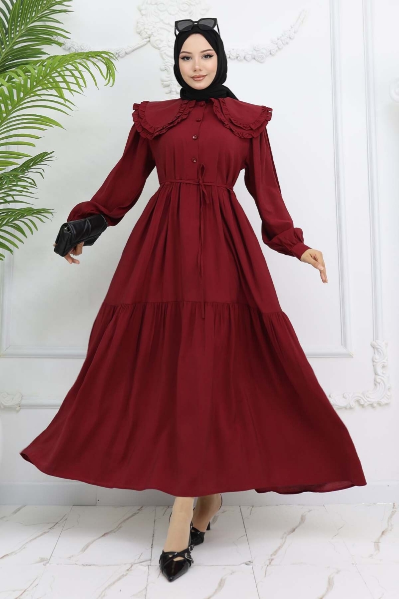 Bebe Yaka Önü Düğmeli Elbise Bordo AY10315