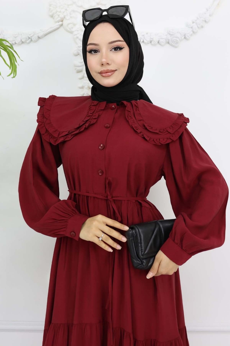 Bebe Yaka Önü Düğmeli Elbise Bordo AY10315