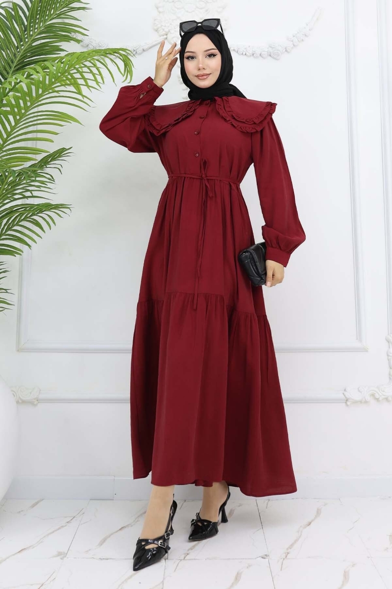 Bebe Yaka Önü Düğmeli Elbise Bordo AY10315