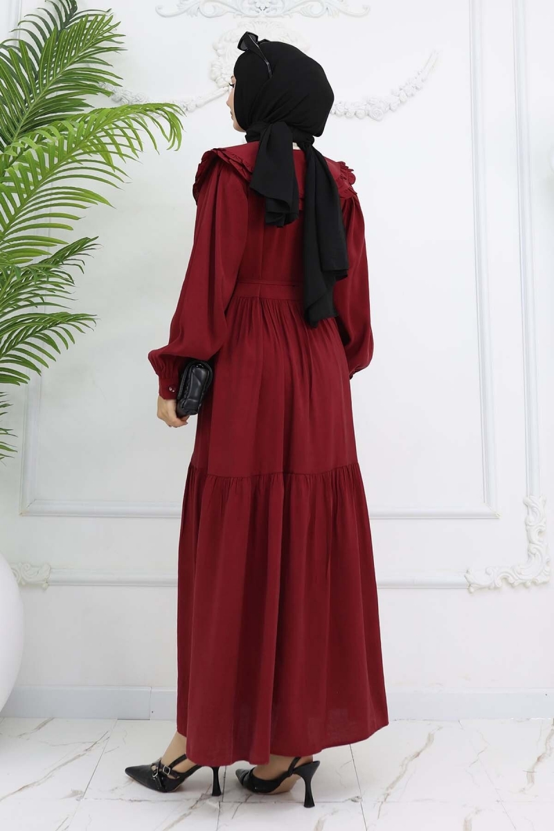 Bebe Yaka Önü Düğmeli Elbise Bordo AY10315