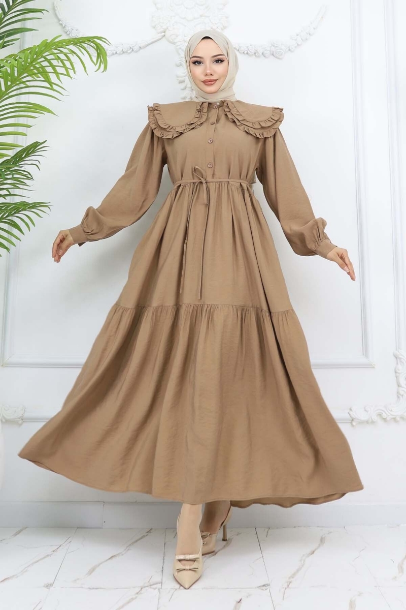 Bebe Yaka Önü Düğmeli Elbise Taba AY10315